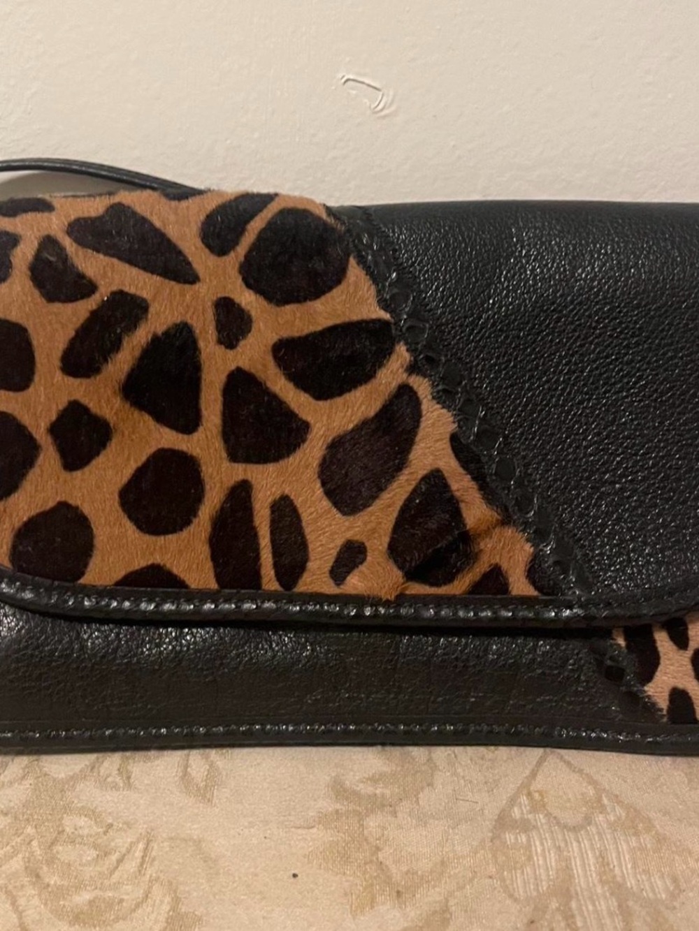Vintage Carlos Falchi Leopard Calf Hair Black Leather Crossbody Bag
